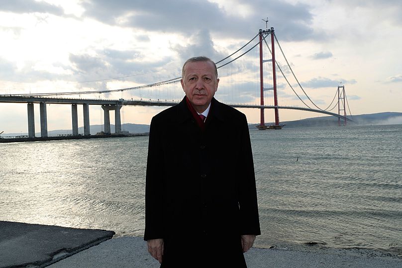 Turkey's President Recep Tayyip Erdoğan in front of the 1915 Çanakkale Bridge, 18 March, 2022