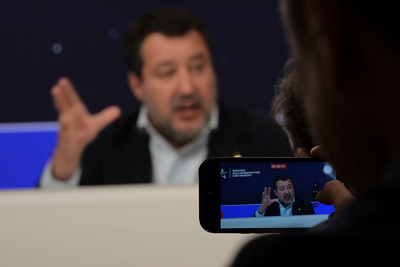 Minister of Transport Matteo Salvini holds a press conference about the decision to approve work on the Strait of Messina suspension bridge in Rome, 6 August, 2025