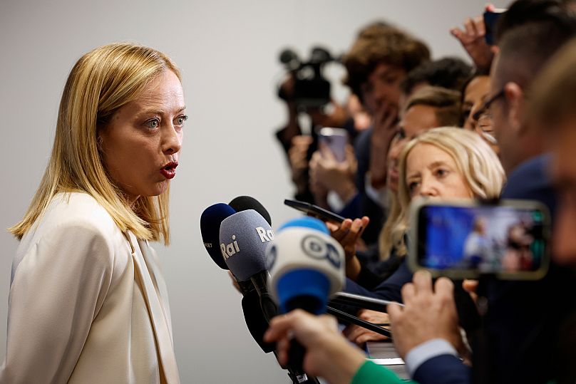 Italy's Prime Minister Giorgia Meloni speaks during a media conference at the NATO summit in The Hague, 25 June, 2025