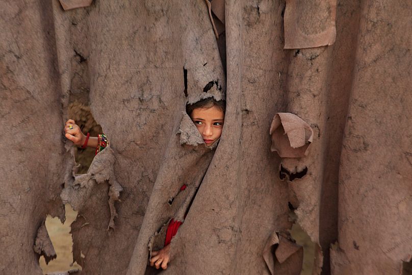 An Afghan refugee girl peers through a torn curtain at the entrance of her home at Kababayan Refugee Camp in Peshawar, 8 April, 2025