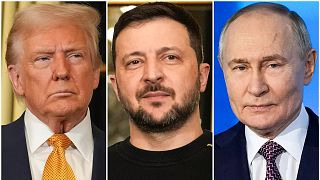 Le président Donald Trump, à gauche, et le président ukrainien Volodymyr Zelenskyy, le 7 décembre 2024 à Paris, et le président Vladimir Poutine, à Moscou, le 21 février 2025.