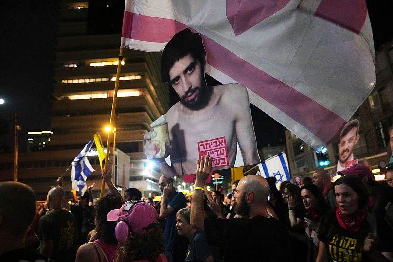 Relatives and supporters of Israeli hostages held in Gaza rally in Tel Aviv, 7 August, 2025