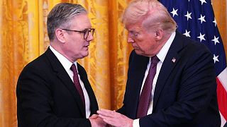Britain's Prime Minister Keir Starmer, left, and US President Donald Trump shake hands at a joint press conference in the White House, Feb. 27, 2025, Washington.