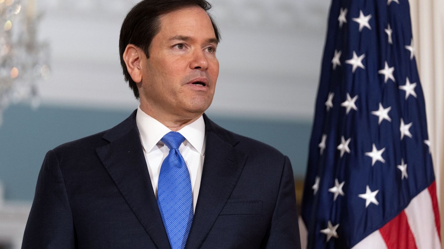 Secretary of State Marco Rubio at a press conference. 