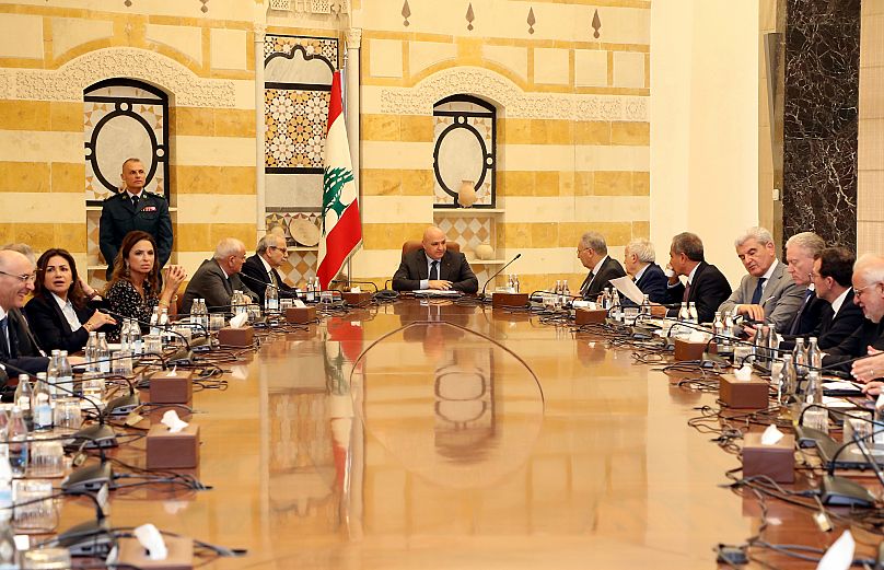 Lebanese president Joseph Aoun, centre, leads a Cabinet meeting to discuss the disarmament of Hezbollah east of Beirut, 7 August, 2025