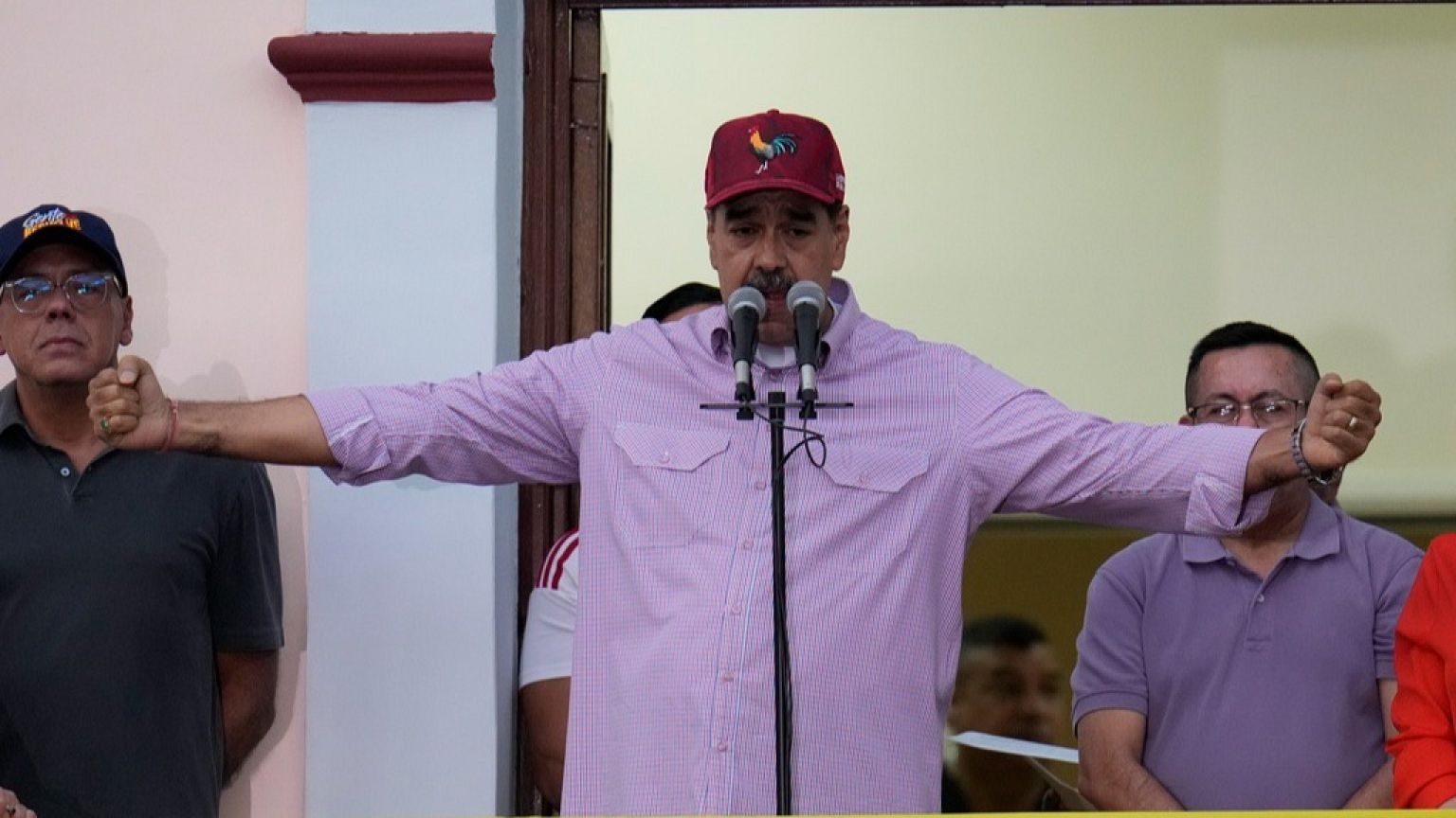 Venezuela's President Nicolas Maduro addresses supporters during an event marking the anniversary of his disputed re-election, in Caracas, Venezuela, Monday, July 28, 2025