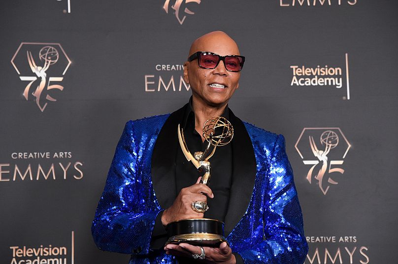 RuPaul with the Emmy Award for outstanding host for a reality or competition programme, 7 January 2024