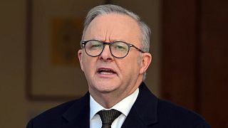 Australian Prime Minister Anthony Albanese announces that Australia will recognize a Palestinian state at a press conference in Canberra, Monday, Aug. 11, 2025. (Mick Tsikas/A