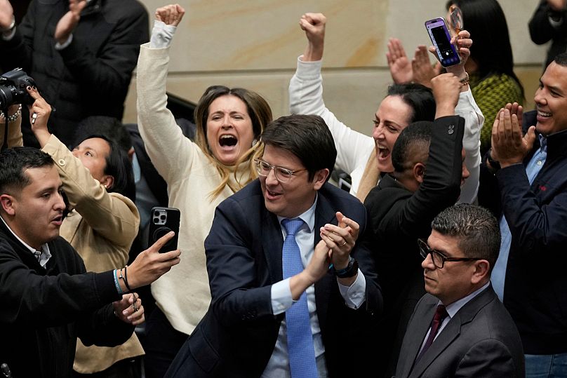 Miguel Uribe Turbay celebrates after voting against a labour reform referendum proposed by the government in Bogotá, 14 May, 2025