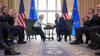 President Donald Trump and European Commission President Ursula von der Leyen shake hands after reaching a trade deal at the Trump Turnberry golf course in Turnberry, Scotland