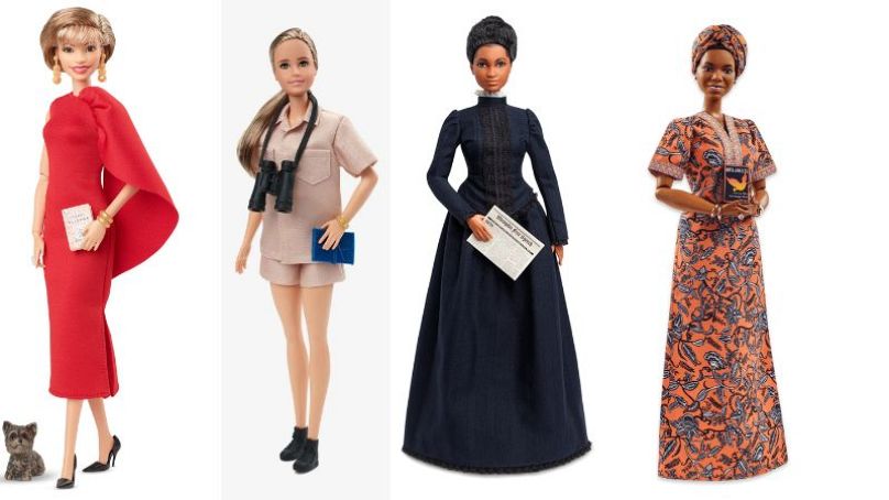 Dolls representing Isabell Allende, Jane Goodall, Ida B. Wells and Maya Angelou, from Mattel's Inspiring Women Collection