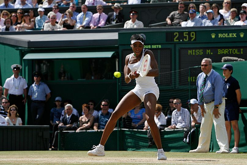 Venus Williams during the Women's Singles final on the Centre Court at Wimbledon, 7 July 2007.