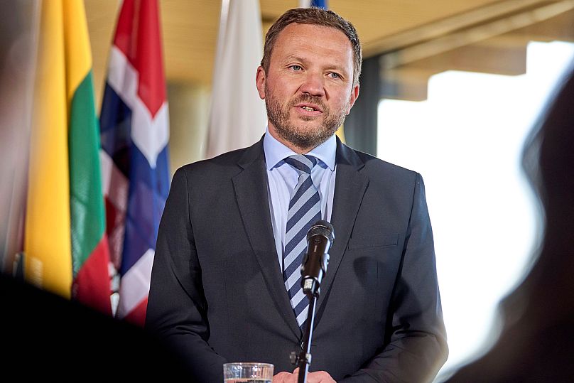 Il ministro degli Esteri estone Margus Tsahkna dopo una riunione dei ministri dei Paesi membri del Nordic-Baltic Eight, Bornholm, Danimarca, 29 aprile 2025