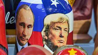 Traditional Russian wooden dolls depicting Russian President Vladimir Putin US President Donald Trump in Moscow, 12 August, 2025