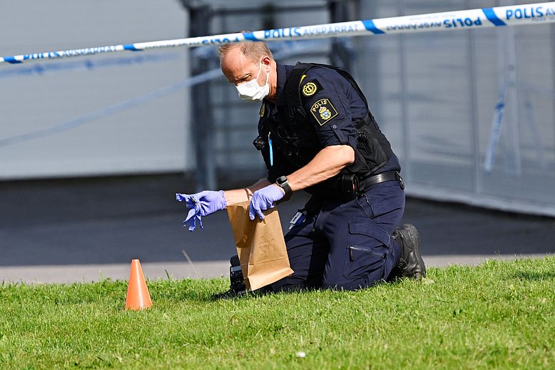 Police on scene outside a mosque after a shooting in Örebro, 15 August, 2025
