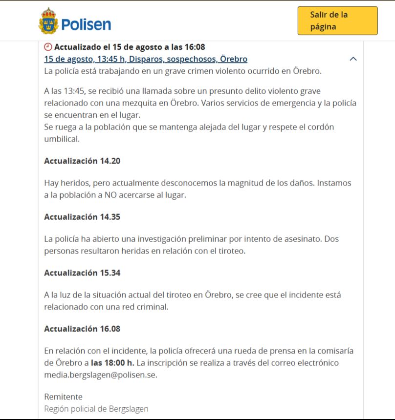 Comunicado de la Policía sueca