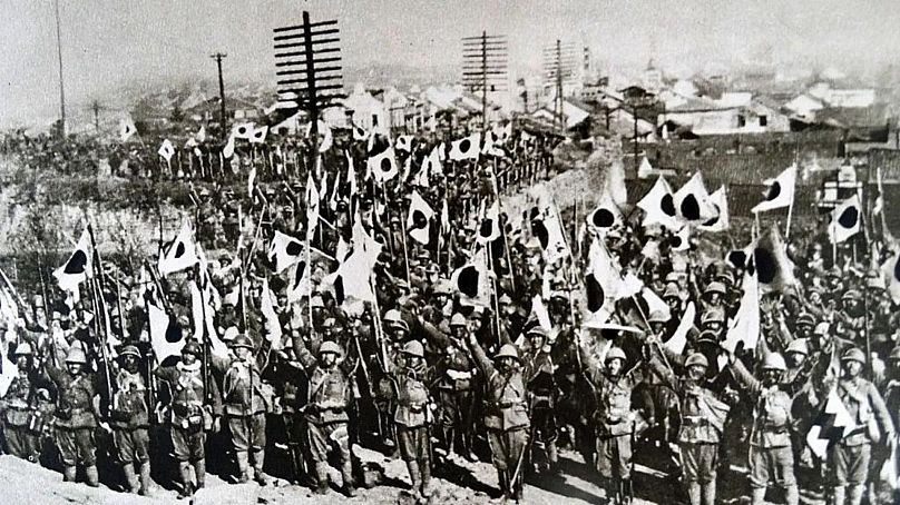 Diadalmas japán katonák Nankingban