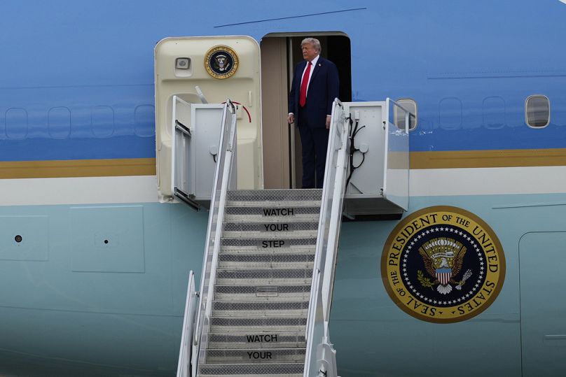President Donald Trump arrives on Air Force One, Friday, Aug. 15, 2025, at Joint Base Elmendorf-Richardson, Alaska, to meet with Russia's President Vladimir Putin