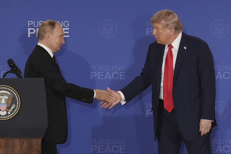President Donald Trump shakes the hand of Russia's President Vladimir Putin during a joint press conference at Joint Base Elmendorf-Richardson, Alaska, Friday, Aug. 15, 2025