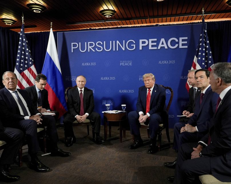 Trump meets Putin at Joint Base Elmendorf-Richardson. At left is Russia's Foreign Minister Sergey Lavrov and second from right is Secretary of State Marco Rubio