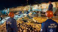 Emergency Ministry employees work in debris of an industrial plant after a fire at the facility in the Shilovsky District, Ryazan region, Russia, Aug. 16, 2025.