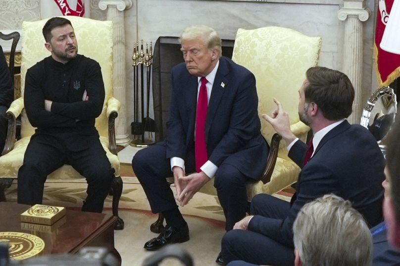 FILE - US Vice President JD Vance speaks with Ukrainian President Volodymyr Zelenskyy as President Donald Trump listens, at the White House in Washington, Feb. 28, 2025