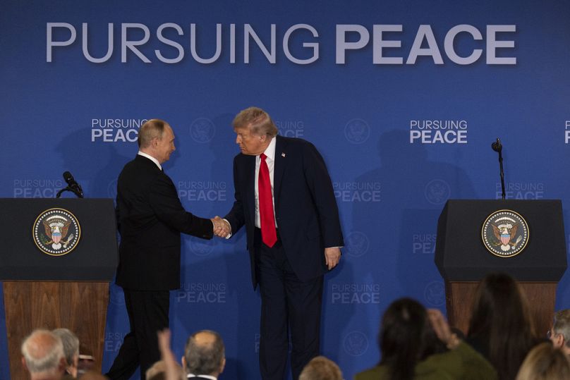 President Donald Trump and Russia's President Vladimir Putin shake hands during a joint press conference at Joint Base Elmendorf-Richardson, Alaska, Friday, Aug. 15, 2025