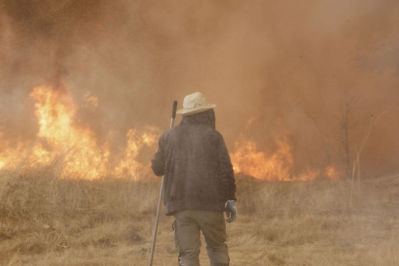 Un hombre lucha contra un incendio forestal en Veiga das Meas, en el noroeste de España, el sábado 16 de agosto de 2025.