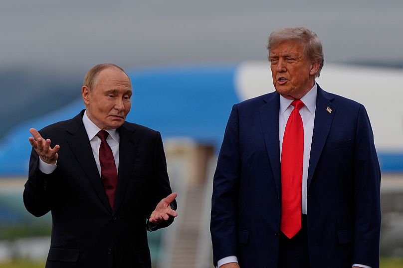 FILE: President Donald Trump talks with Russia's President Vladimir Putin at Joint Base Elmendorf-Richardson, Alaska, 15 August 2025