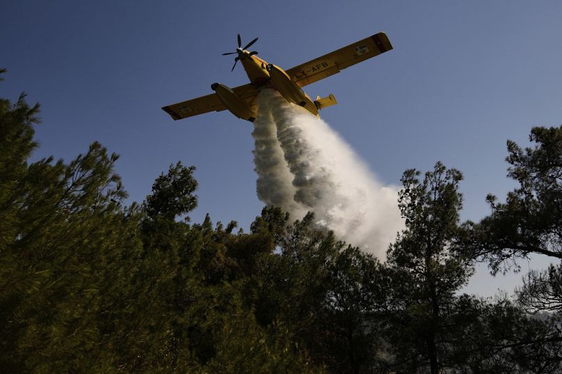 Un aereo antincendio spruzza acqua per spegnere un incendio in una zona boschiva a Guzelyeli, alla periferia di Canakkale, nel nord-ovest della Turchia, 12 agosto 2025