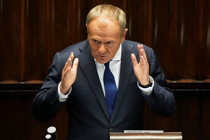Premier Donald Tusk przemawia w Sejmie w Warszawie, 11 czerwca 2025 r.