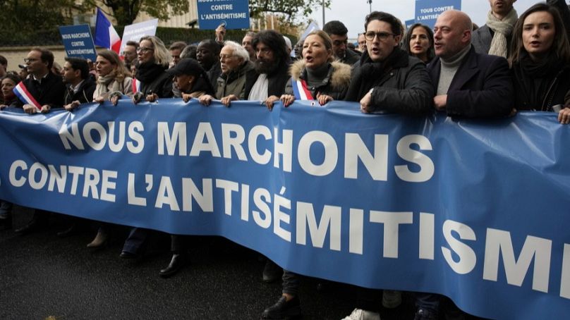 FILE: Thousands gather for a march against antisemitism in Paris, France, Sunday, Nov. 12, 2023. 