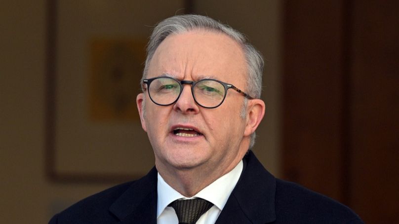 FILE: ustralian Prime Minister Anthony Albanese announces that Australia will recognize a Palestinian state at a press conference in Canberra, Monday, Aug. 11, 2025