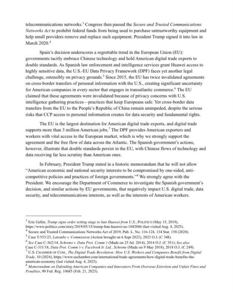 Carta del Congreso estadounidense por el caso Huawei de España.