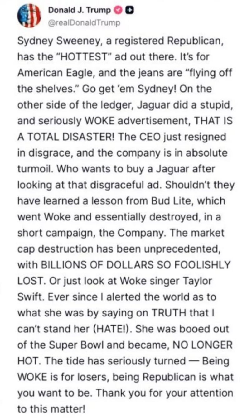 Donald Trump’ın Sydney Sweeney ve Taylor Swift hakkındaki paylaşımı.