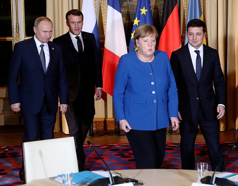 French President Emmanuel Macron, Russian President Vladimir Putin, German Chancellor Angela Merkel and Ukrainian President Volodymyr Zelenskyy, Paris, Dec. 9, 2019