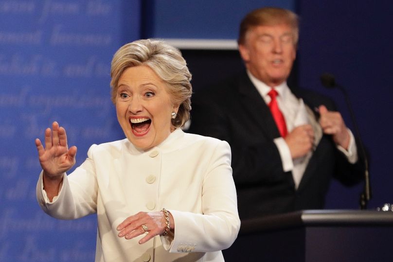 Hillary Clinton és Donald Trump az elnökjelöltek vitája után Las Vegasban, 2016 októberében