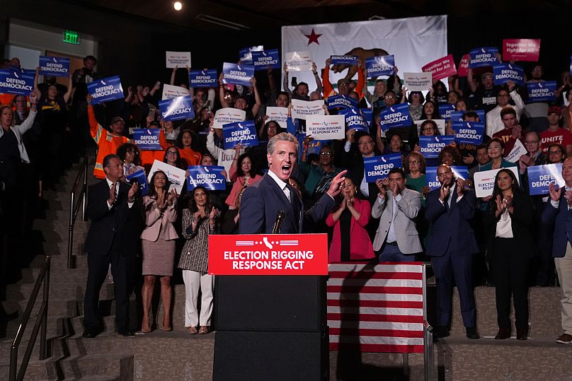 California Gov. Gavin Newsom speaks during a news conference Thursday, Aug. 14, 2025, in Los Angeles.