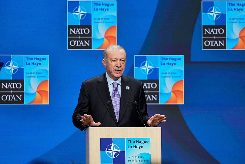 Turkish President Recep Tayyip Erdoğan speaks during a press conference at the NATO summit in The Hague, 25 June, 2025
