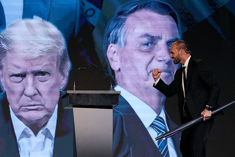 Eduardo Bolsonaro, the son of Brazil's former President Jair Bolsonaro, on stage at the Conservative Political Action Conference in Buenos Aires, 4 December, 2024