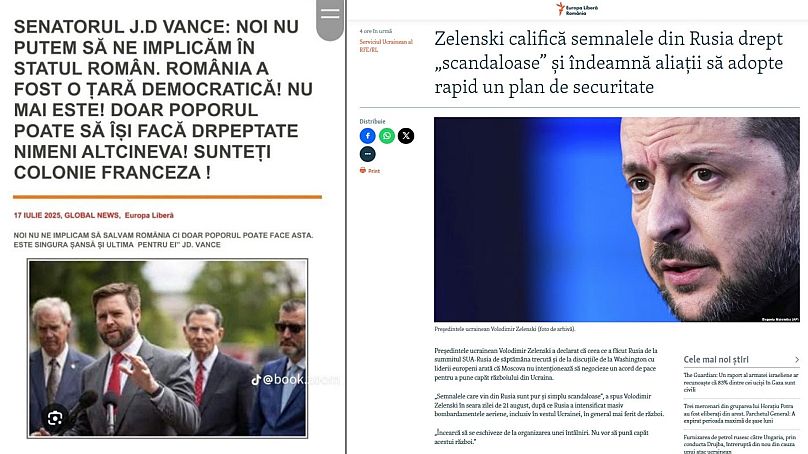 Скриншот новостной статьи, якобы принадлежащей Europe Liberă (слева), и реальный новостной сайт.