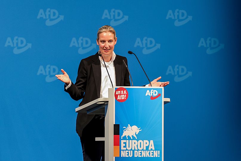 Alice Weidel, Federal Chairman of the AfD, speaks at an event as part of the European electoral campaign in Marl, Germany, Saturday, May 25, 2024.