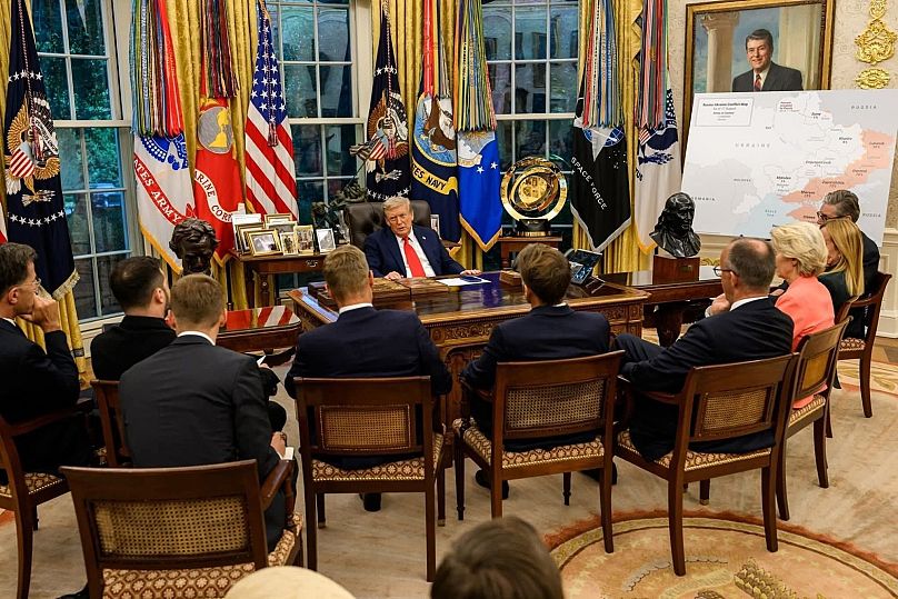 Les dirigeants européens s'entretiennent avec le président américain Donald Trump à la Maison-Blanche, le 18 août 2025