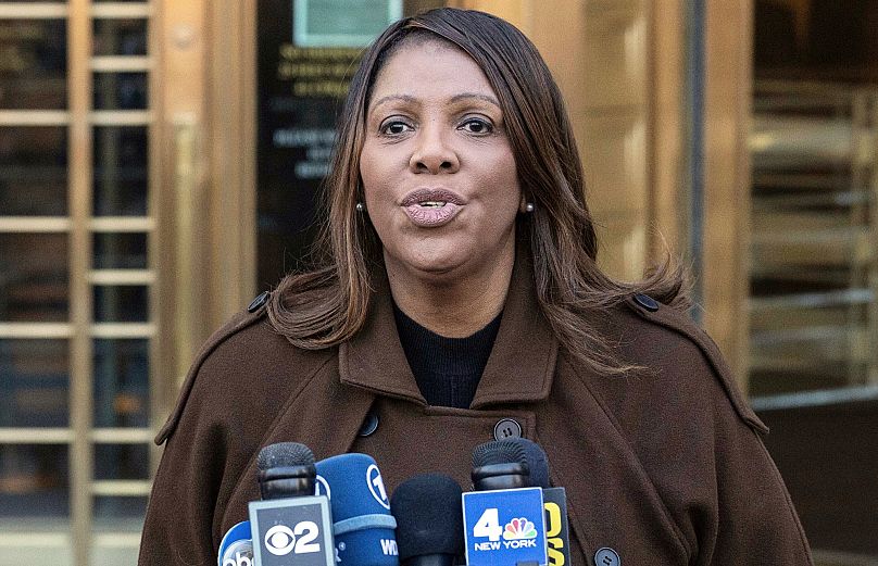 New York Attorney General Letitia James speaks during a news conference outside Manhattan federal court in New York, 14 February, 2025