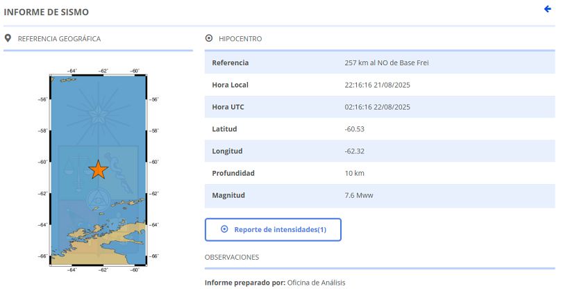 Terremoto de 7,5 grados en la Antártica chilena, 21/08/2025