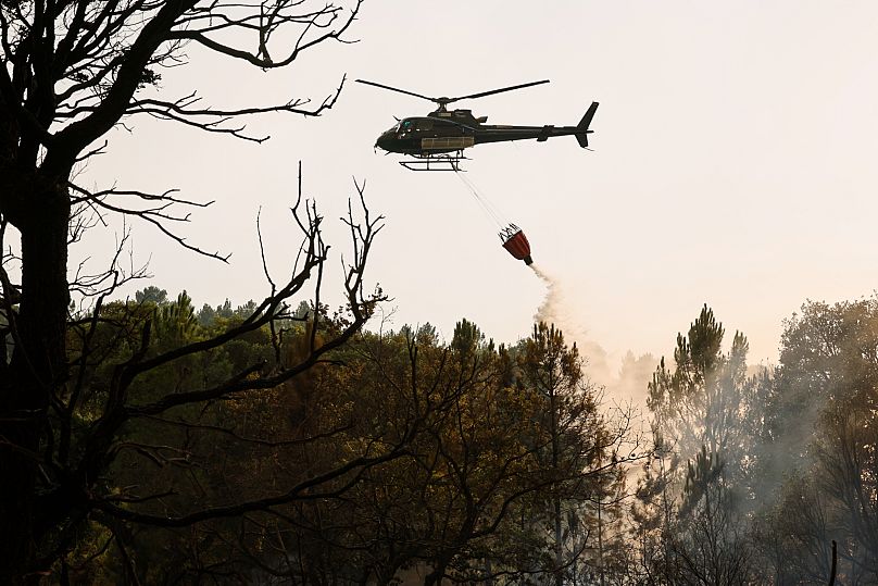 Helicóptero soltando agua sobre un incendio forestal desde la 'bambi bucket', 14 de agosto de 2025