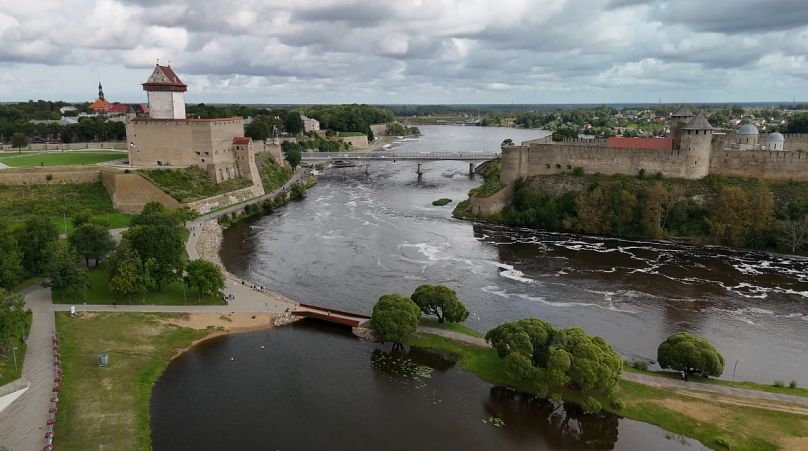 The Narva river separates Narva, Estonia, on the left from Ivangorod, Russia