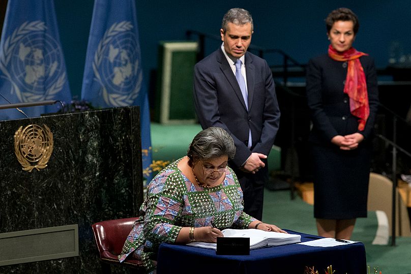 Foreign Minister of Ghana Hanna Tetteh signs the Paris Agreement on climate change, Friday, April 22, 2016 at U.N. headquarters.
