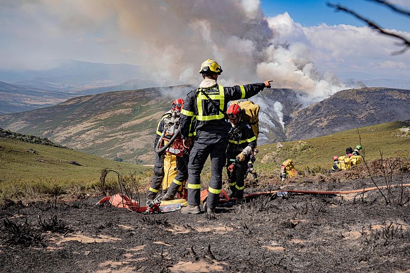Des pompiers français sur les lieux d'un incendie près de Corporales, dans le nord de l'Espagne, le mercredi 20 août 2025