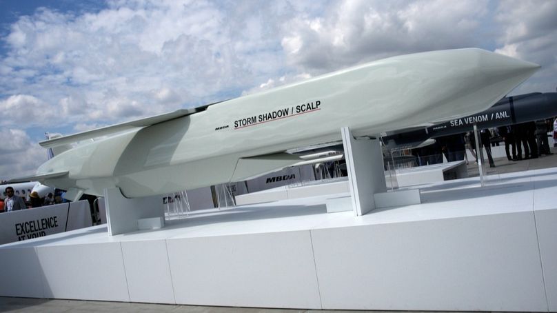 The Storm Shadow cruise missile is on display during the Paris Air Show in Le Bourget, north of Paris, France, Monday, June 19, 2023